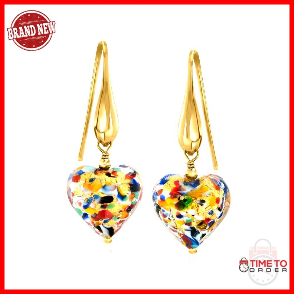 Italian Murano Glass Heart Drop Earrings 18kt Gold Over Sterling Silver